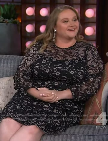 Danielle Macdonald’s black floral print dress on The Kelly Clarkson Show