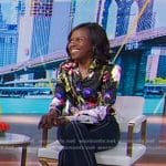 Deborah’s black floral blouse and pants with white stitching on Good Morning America