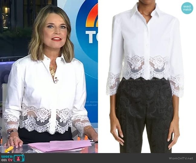 Dolce & Gabbana Button Up Floral Lace Crop Button-Up Shirt in Optic White worn by Savannah Guthrie on Today