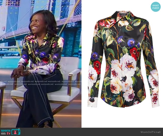 Dolce & Gabbana Floral Silk-Blend Satin Shirt worn by Deborah Roberts on Good Morning America