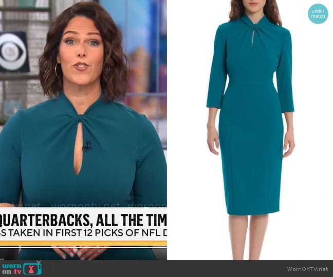 Donna Morgan Crepe Three-quarter Sleeve Sheath Dress In Ocean Depths worn by Dana Jacobson on CBS Mornings