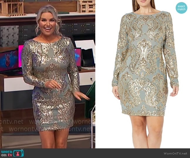 Dress the Population Lola Dress in Teal/Gold worn by Rachel Reynolds on The Price is Right