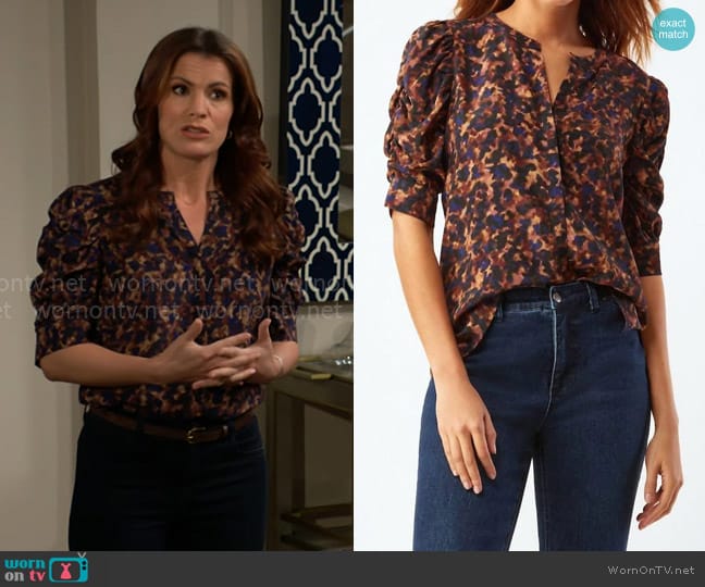 Ecru Blanchett Puff Sleeve Blouse In Tortoise worn by Chelsea Lawson (Melissa Claire Egan) on The Young and the Restless