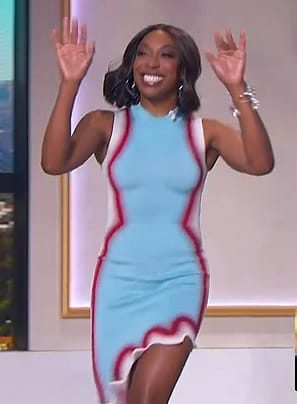 Ego Nwodim's blue scalloped hem dress on The Jennifer Hudson Show