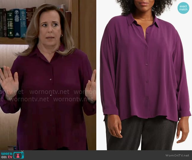 Eileen Fisher Long Sleeve Silk Blouse in Sweet Plum worn by Laura Collins (Genie Francis) on General Hospital