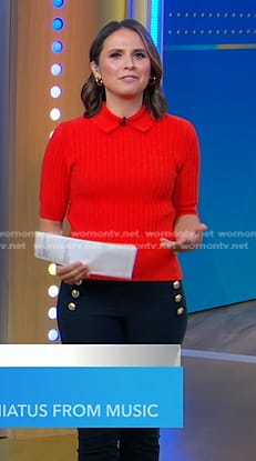 Elizabeth's red polo knit sweater and cropped pants on Good Morning America