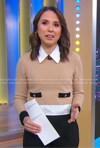 Elizabeth’s beige mixed media sweater on Good Morning America