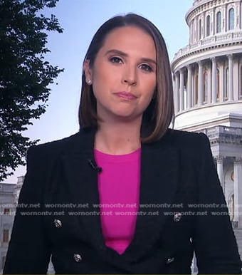 Elizabeth Schulze’s black double breasted tweed blazer on Good Morning America