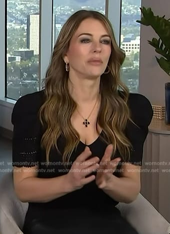 Elizabeth Hurley's black lace trim top on Access Hollywood