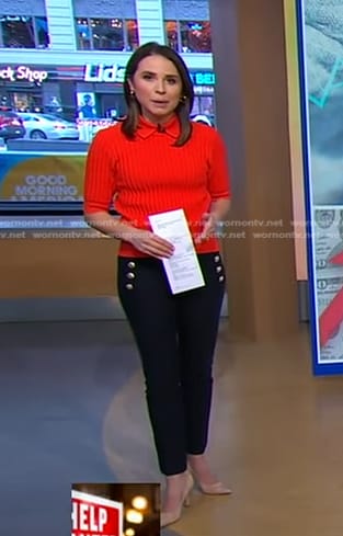 Elizabeth’s red polo knit sweater and cropped pants on Good Morning America