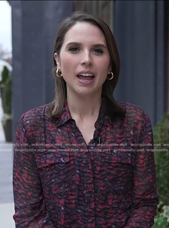 Elizabeth's red printed shirt and buttoned pants on Good Morning America