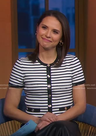 Elizabeth’s white striped short sleeve cardigan on Good Morning America