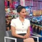 Elodie Yung's white ribbed polo shirt on Access Hollywood