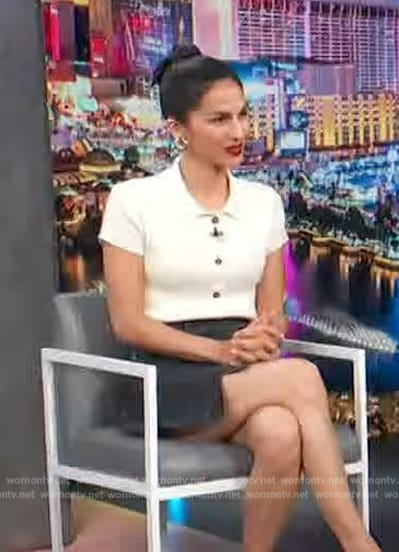 Elodie Yung’s white ribbed polo shirt on Access Hollywood