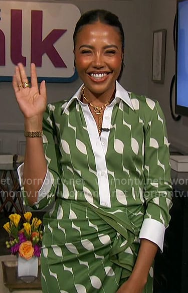 Emma Grede's green and white printed outift on The Talk