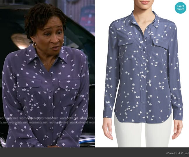 Equipment Slim Signature Star-Print Shirt worn by Lucretia Turner (Wanda Sykes) on The Upshaws