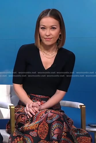 Eva's black floral jacquard skirt on Good Morning America