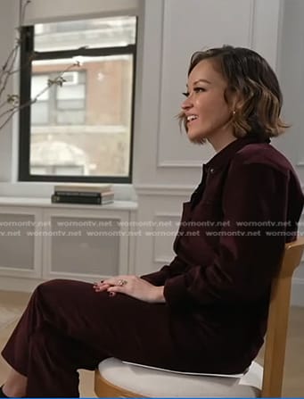 Eva's burgundy corduroy jumpsuit on Good Morning America