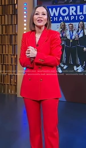 Eva’s red double breasted blazer and pants on Good Morning America