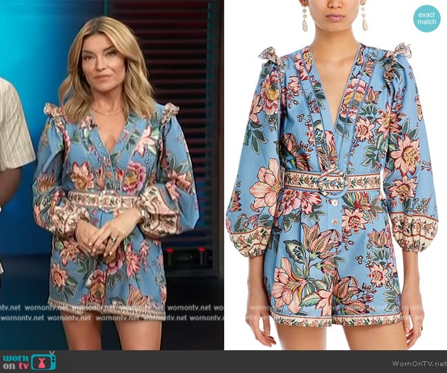 FARM Rio Wonderful Bouquet Blue Romper worn by Kit Hoover on Access Hollywood