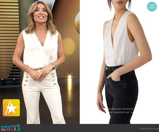 Favorite Daughter The Date Sleeveless Wrap Blouse worn by Kit Hoover on Access Hollywood