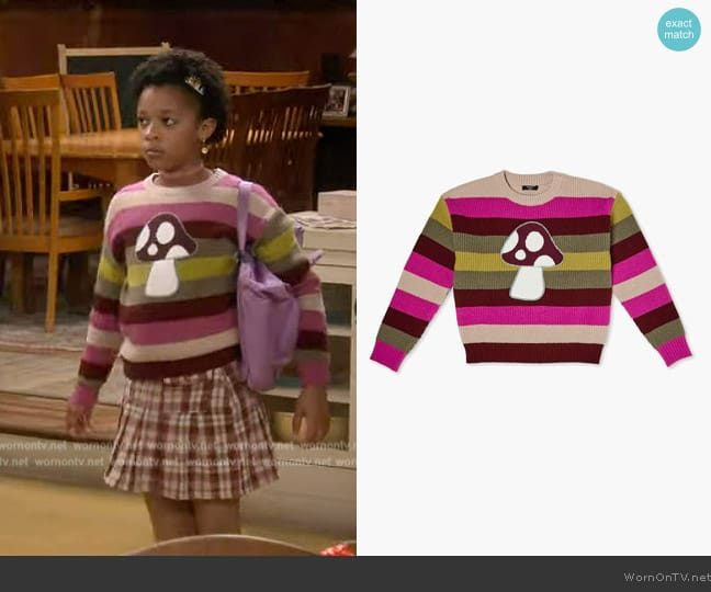 Forever 21 Girls Striped Mushroom Graphic Sweater worn by Maya Upshaw (Journey Christine) on The Upshaws