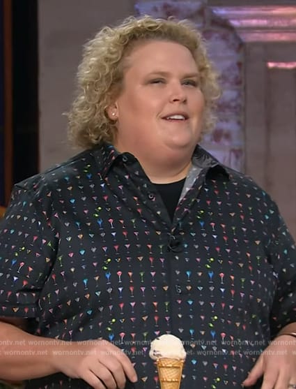 Fortune Feimster's black martini print shirt on The Kelly Clarkson Show