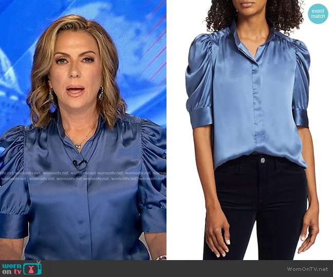 Frame Gillian Ruched Silk Top in Slate Blue worn by Kyra Phillips on Good Morning America