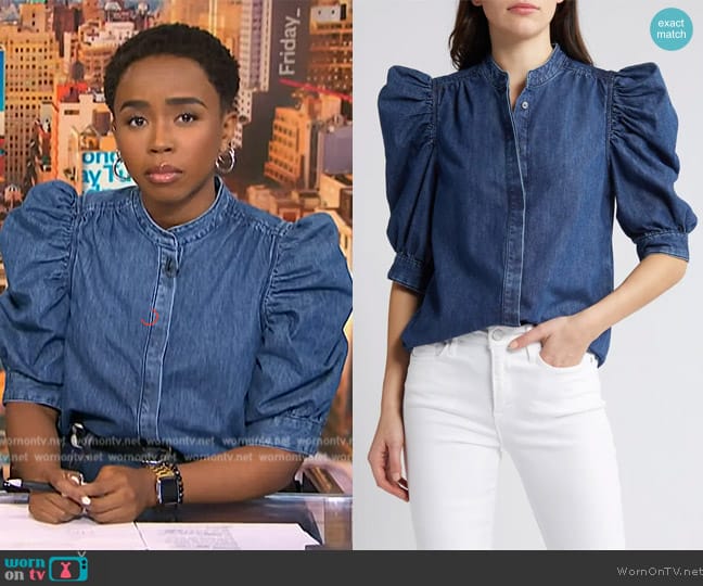 Frame Gillian Denim Puff-Sleeve Top worn by Zinhle Essamuah on NBC News Daily