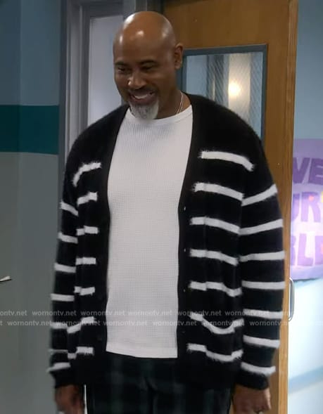 Frank’s black striped faux fur cardigan on The Upshaws