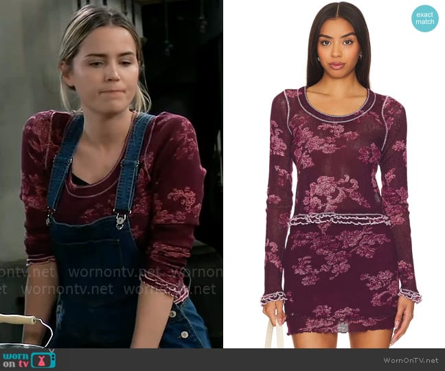 Free People Garner Floral Print Long Sleeve Top in Berry Combo worn by Sasha Gilmore (Sofia Mattsson) on General Hospital