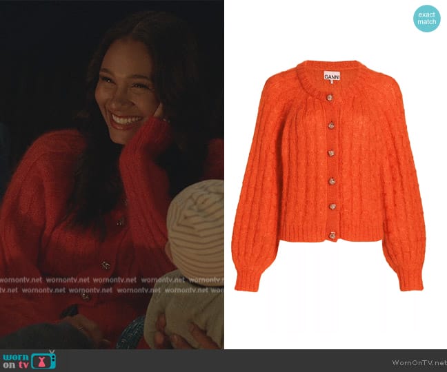 Ganni Mohair-Blend Cable Knit Cardigan worn by Layla Keating (Greta Onieogou) on All American