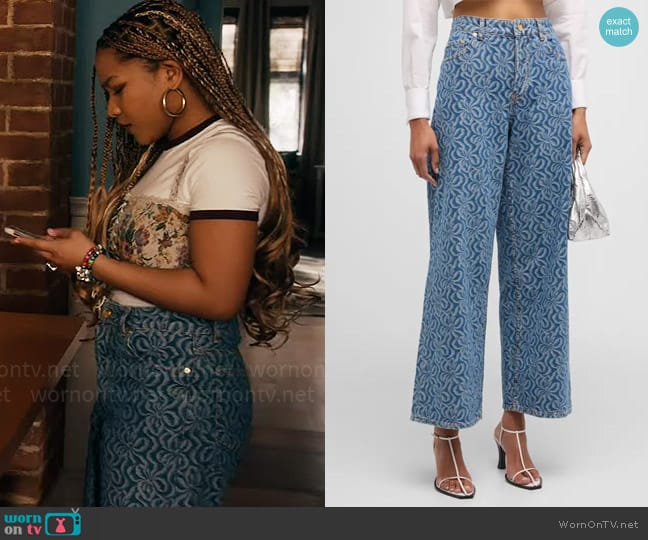 Ganni Wide-Leg Jacquard Denim Pants worn by Delilah (Laya DeLeon Hayes) on The Equalizer