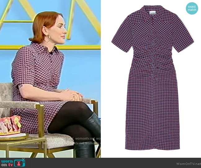 Ganni Gathered checked midi dress worn by Sofie Pavitt on Tamron Hall Show