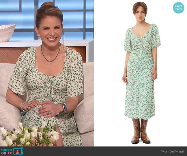 Ganni Printed Crepe U-neck Midi Dress in Tapioca worn by Natalie Morales on The Talk