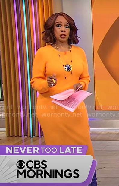 Gayle King's orange midi sweater dress on CBS Mornings