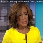 Gayle King’s yellow split-neck dress on CBS Mornings