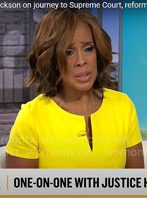 Gayle King’s yellow split-neck dress on CBS Mornings