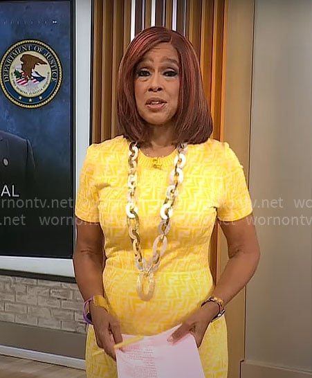 Gayle King's yellow monogram print dress on CBS Mornings