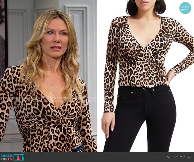 Good American Good Touch Long Sleeve Wrap Top in Good Leopard003 worn by Kristen DiMera (Stacy Haiduk) on Days of our Lives