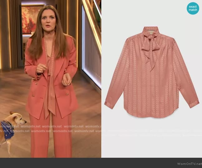 Gucci Crepe Satin Shirt with Neck Tie worn by Drew Barrymore on The Drew Barrymore Show