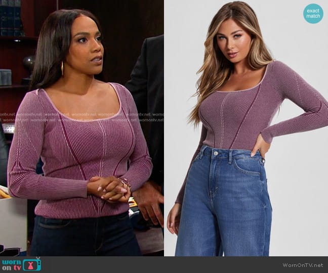 Guess Eco Blandine Sweater Top in Purple worn by Jada Hunter (Elia Cantu) on Days of our Lives