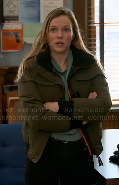 Hailey’s olive green jacket on Chicago PD