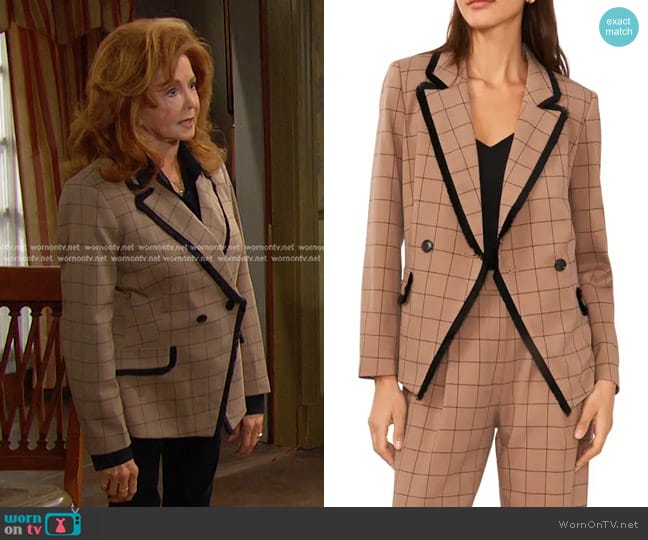 Halogen Windowpane Fringe Trim Blazer in Fallen Rock Black worn by Maggie Horton (Suzanne Rogers) on Days of our Lives