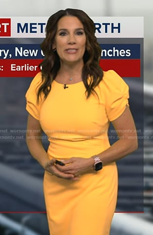 Heather's yellow ruched short sleeve dress on Good Morning America
