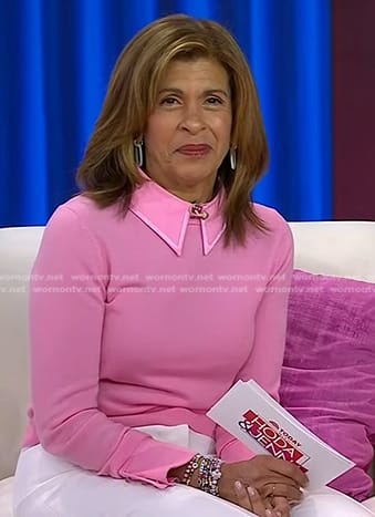 Hoda's pink collared sweater and white pants on Today