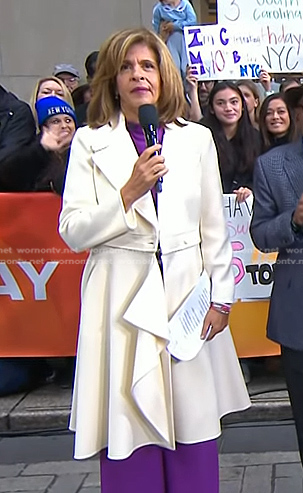 Hoda's white ruffle coat on Today