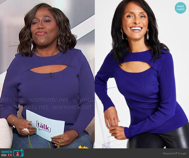 INC International Concepts Ribbed Cutout Crewneck Sweater in Sapphire Crush worn by Sheryl Underwood on The Talk