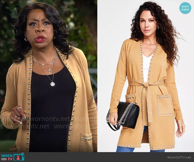 INC International Concepts Studded Completer Cardigan Sweater worn by Tina Butler (Tichina Arnold) on The Neighborhood