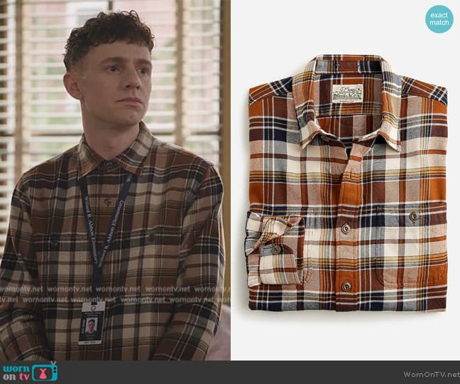 J. Crew Midweight flannel workshirt in regenerative cotton worn by Jacob Hill (Chris Perfetti) on Abbott Elementary